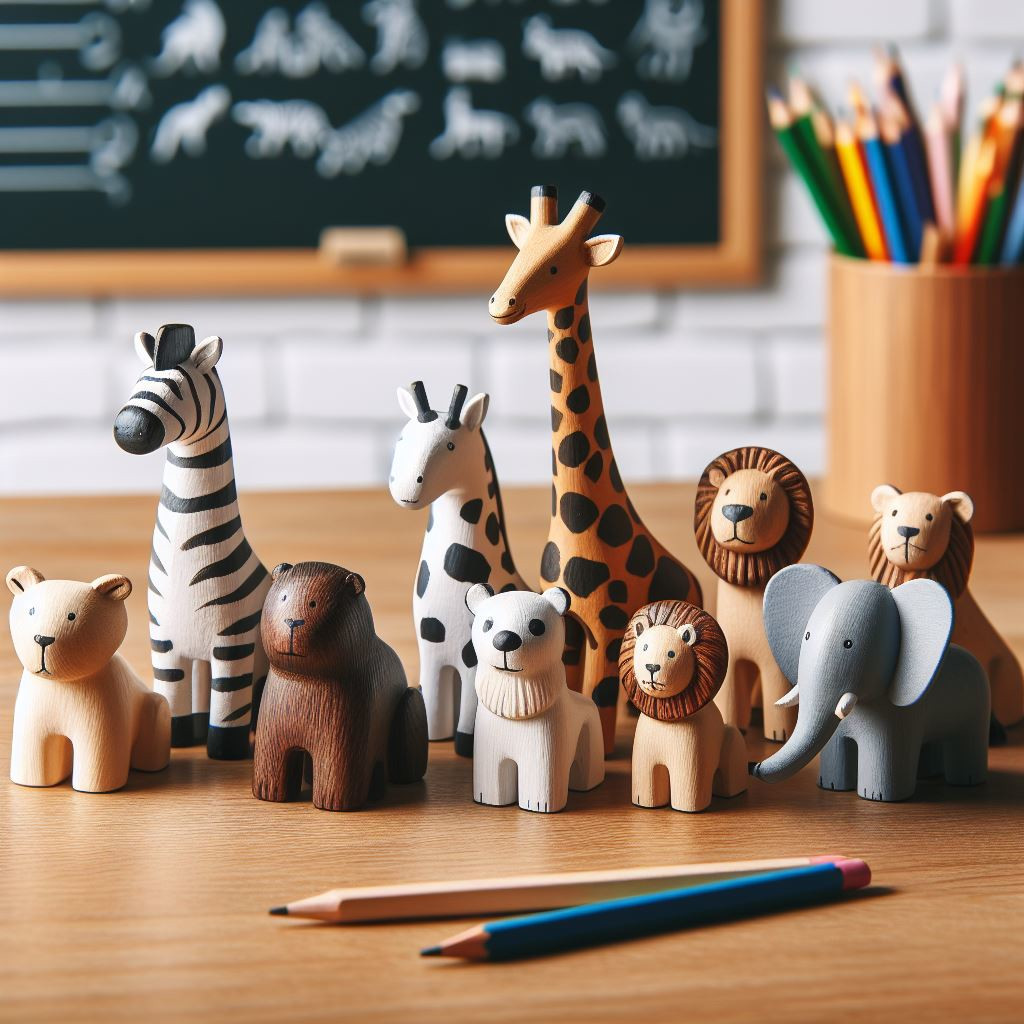 wooden toy animals lined up on a desk