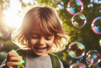 A boy looking a bubbles