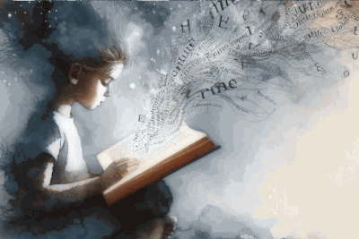 child reading a book and letter floating away