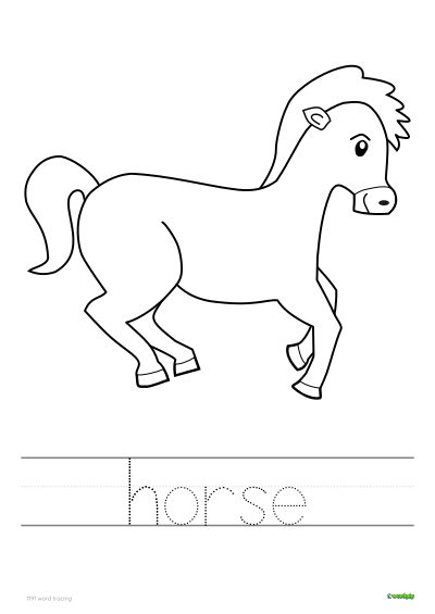 thumbnail of a horse word tracing and coloring page
