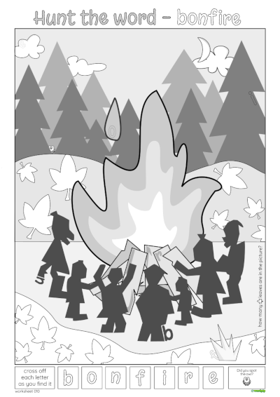 hunt the word bonfire A4 worksheet grayscale thumbnail image
