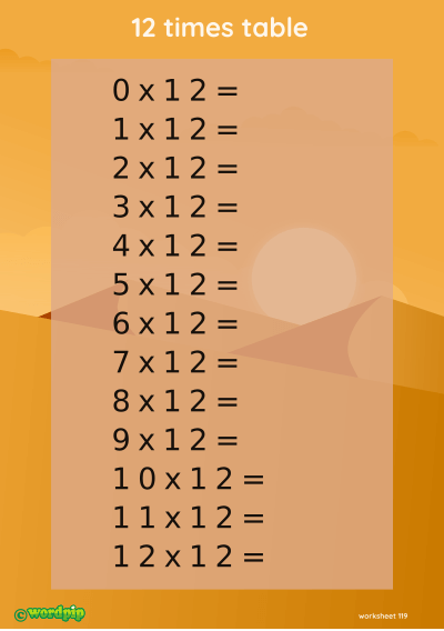 thumbnail of 12 times table A5 worksheet with desert background