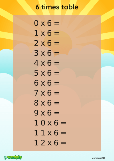 thumbnail of 6 times table A5 worksheet with sunrise background