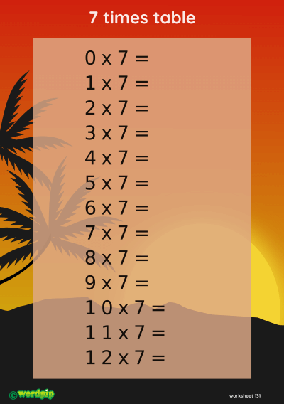 thumbnail of 7 times table A5 worksheet with sunset background
