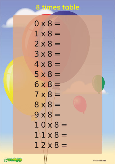 thumbnail of 8 times table A5 worksheet with balloon background