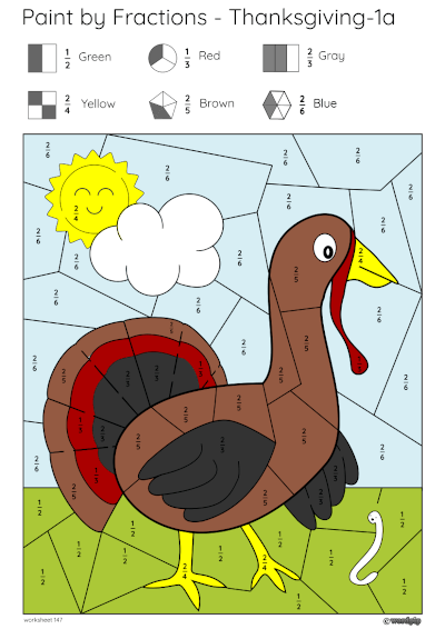 example of a completed paint by fractions turkey worksheet
