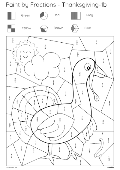 thumbnail of paint by fractions turkey worksheet 1b which has no fractions names in the key