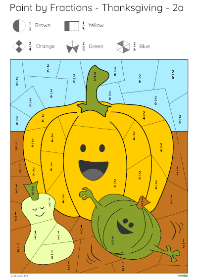 example of a completed paint by fractions pumpkin worksheet
