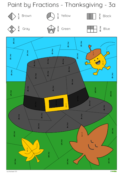 example of a completed paint by fractions pilgrim hat worksheet