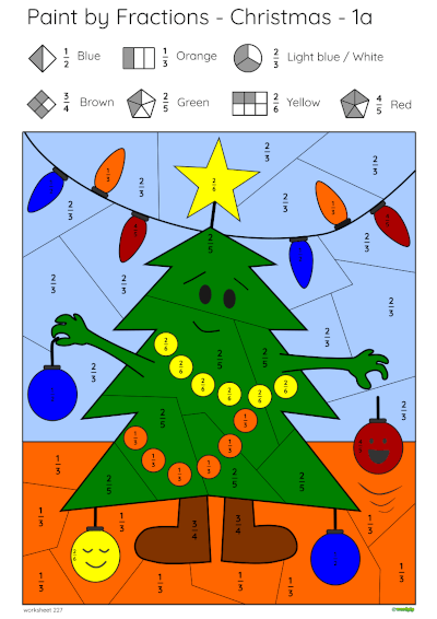 example of a completed paint by fractions Christmas Tree worksheet