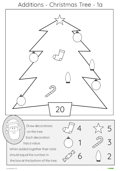 example of a completed additions Christmas Tree 1a worksheet