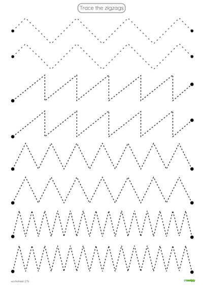 Many zigzags on a page. Exercises for children to trace.