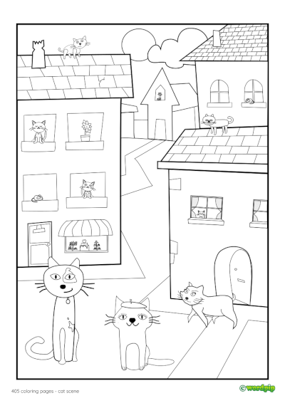 thumbnail image of a cat scene coloring page 