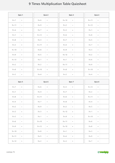 Quiz Sheet 9 Times Multiplication Table