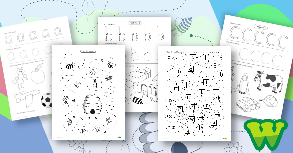 ABC Worksheet Collection preview showing 5 printable worksheets including letter A, B, C practice, bee trail tracing, and alphabet trail activity