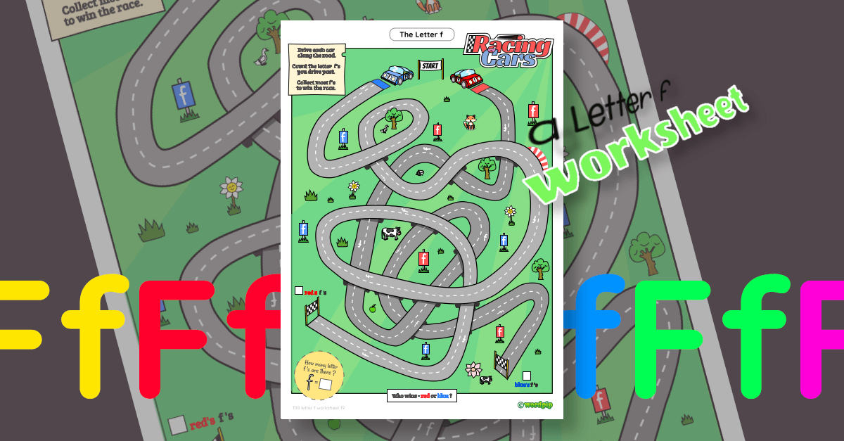 Letter Racing Fun Letter f Racing Maze Worksheet PDF - Red vs Blue Cars