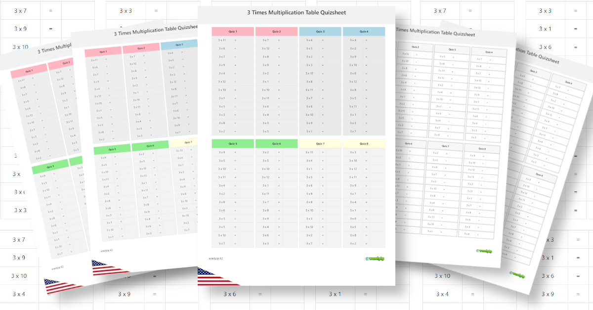 Quiz sheet 3 times multiplication table