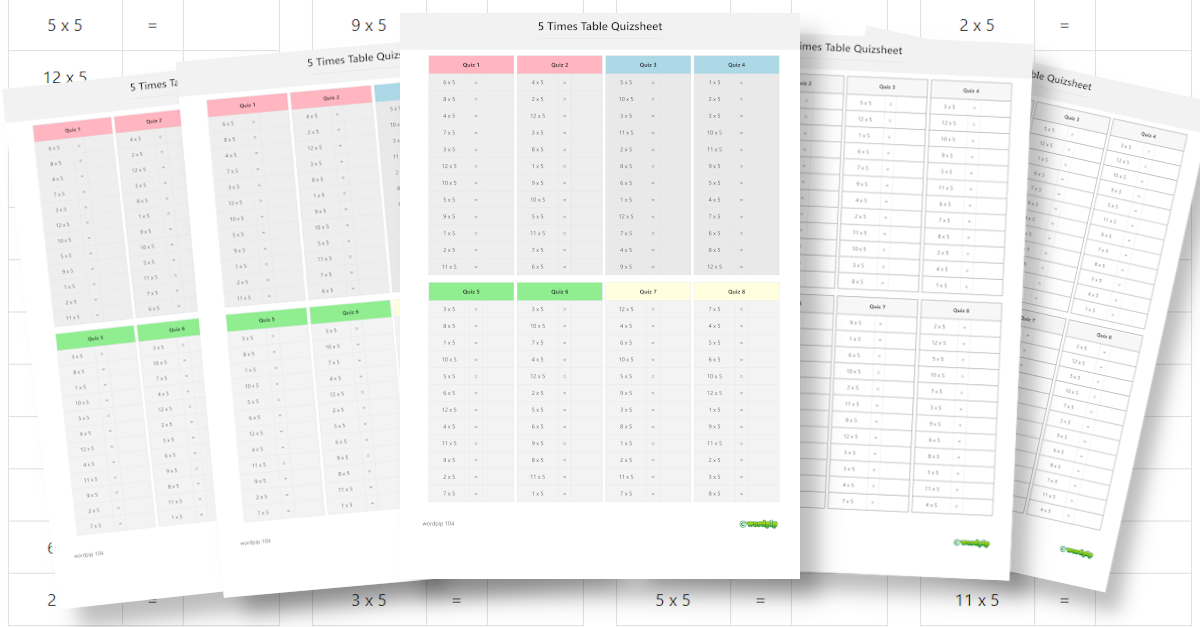 Quiz sheet 5 times table